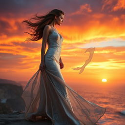 An elegant female figure in a flowing, ethereal gown standing on a cliff overlooking the ocean at sunset, her hair whipping in the wind