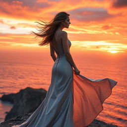 An elegant female figure in a flowing, ethereal gown standing on a cliff overlooking the ocean at sunset, her hair whipping in the wind