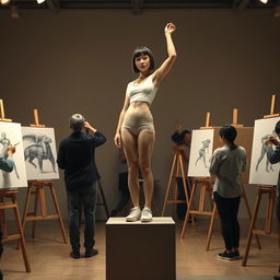 A photorealistic full-body shot of a slender Asian woman with a bobcut hairstyle featuring bangs