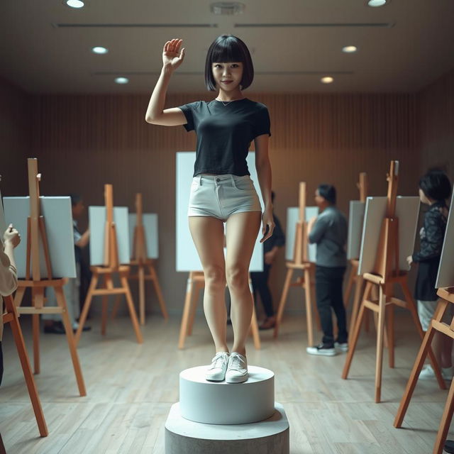 A photorealistic full-body shot of a slender Asian woman with a bobcut hairstyle featuring bangs