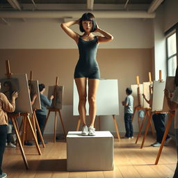 A photorealistic full-body shot of a slender Asian woman with a bobcut hairstyle featuring bangs