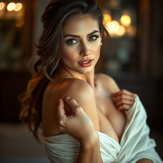 A provocative portrait of a beautiful woman posing in an elegant and artistic manner, showcasing her confidence and allure