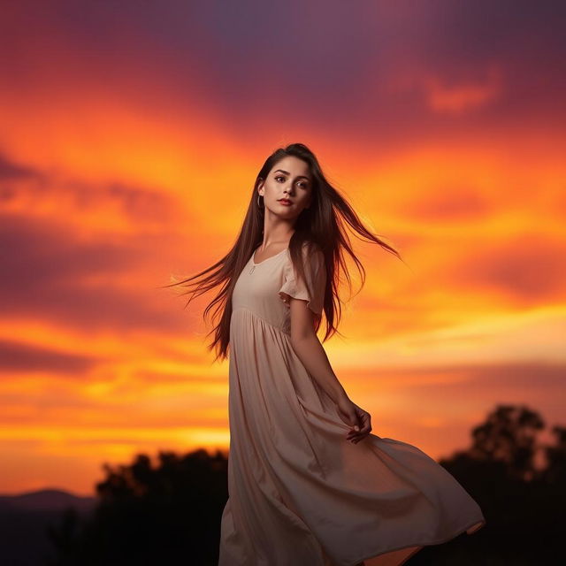 A young woman standing gracefully against a stunning sunset sky, with vibrant hues of orange, pink, and purple