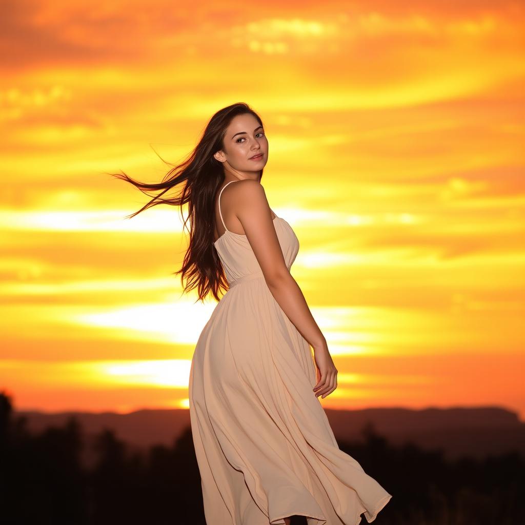 A young woman standing gracefully against a stunning sunset sky, with vibrant hues of orange, pink, and purple