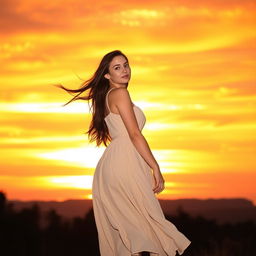 A young woman standing gracefully against a stunning sunset sky, with vibrant hues of orange, pink, and purple