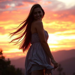 A young woman standing gracefully against a stunning sunset sky, with vibrant hues of orange, pink, and purple