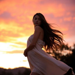 A young woman standing gracefully against a stunning sunset sky, with vibrant hues of orange, pink, and purple