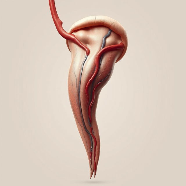 A highly detailed anatomical illustration of a human penis, showcasing the intricate structures and vascular system