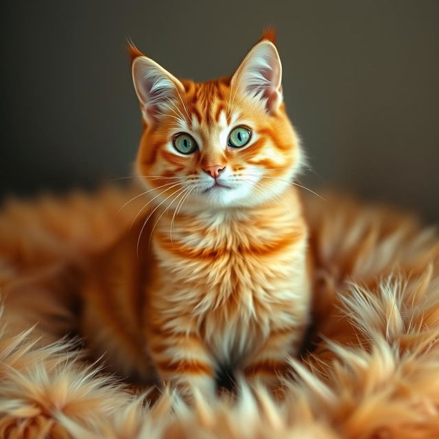 A stunning portrait of an orange cat sitting gracefully, surrounded by soft, golden fur that blends harmoniously with its own