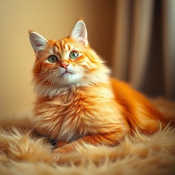 A stunning portrait of an orange cat sitting gracefully, surrounded by soft, golden fur that blends harmoniously with its own