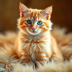 A stunning portrait of an orange cat sitting gracefully, surrounded by soft, golden fur that blends harmoniously with its own