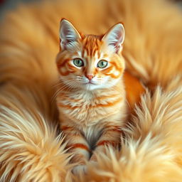 A stunning portrait of an orange cat sitting gracefully, surrounded by soft, golden fur that blends harmoniously with its own