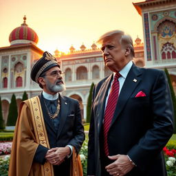 An elderly Donald Trump in a formal suit, looking wise and experienced, stands beside a young Iranian prince dressed in royal attire