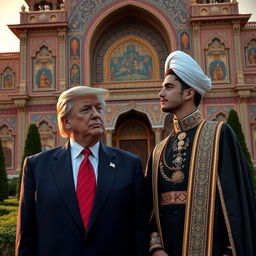 An elderly Donald Trump in a formal suit, looking wise and experienced, stands beside a young Iranian prince dressed in royal attire