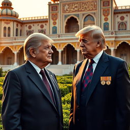 An elderly Donald Trump in a formal suit, looking wise and experienced, stands beside a young Iranian prince dressed in royal attire