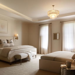 A serene, beautifully decorated bedroom with no windows, featuring elegant furniture, soothing neutral colors, and soft ambient lighting.