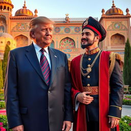 An elderly Donald Trump in a formal suit, looking wise and experienced, stands beside a young Iranian prince dressed in royal attire