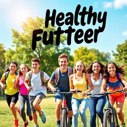 A vibrant and engaging poster featuring a group of healthy, active teenagers enjoying outdoor activities together