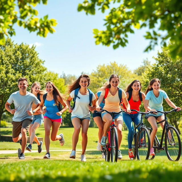 A vibrant and engaging poster featuring a group of healthy, active teenagers enjoying outdoor activities together