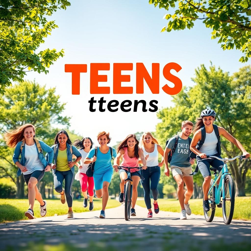 A vibrant and engaging poster featuring a group of healthy, active teenagers enjoying outdoor activities together