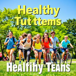 A vibrant and engaging poster featuring a group of healthy, active teenagers enjoying outdoor activities together