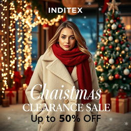 An elegant and festive advertisement for a Christmas clearance sale by Inditex