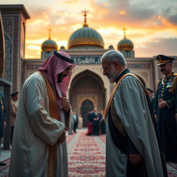 A dramatic and symbolic moment depicting a historical scene where Mohammed bin Salman, the Crown Prince of Saudi Arabia, is bowing before the Shah of Iran, showcasing a blend of cultural and political significance