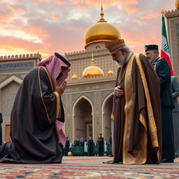 A dramatic and symbolic moment depicting a historical scene where Mohammed bin Salman, the Crown Prince of Saudi Arabia, is bowing before the Shah of Iran, showcasing a blend of cultural and political significance