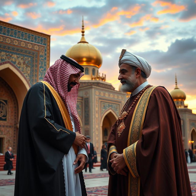 A dramatic and symbolic moment depicting a historical scene where Mohammed bin Salman, the Crown Prince of Saudi Arabia, is bowing before the Shah of Iran, showcasing a blend of cultural and political significance