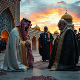 A dramatic and symbolic moment depicting a historical scene where Mohammed bin Salman, the Crown Prince of Saudi Arabia, is bowing before the Shah of Iran, showcasing a blend of cultural and political significance