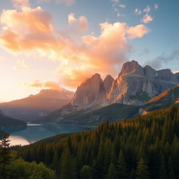 A clear, high-resolution photograph of a breathtaking landscape featuring towering mountains in the background, lush green forests in the foreground, and a serene blue lake reflecting the sky