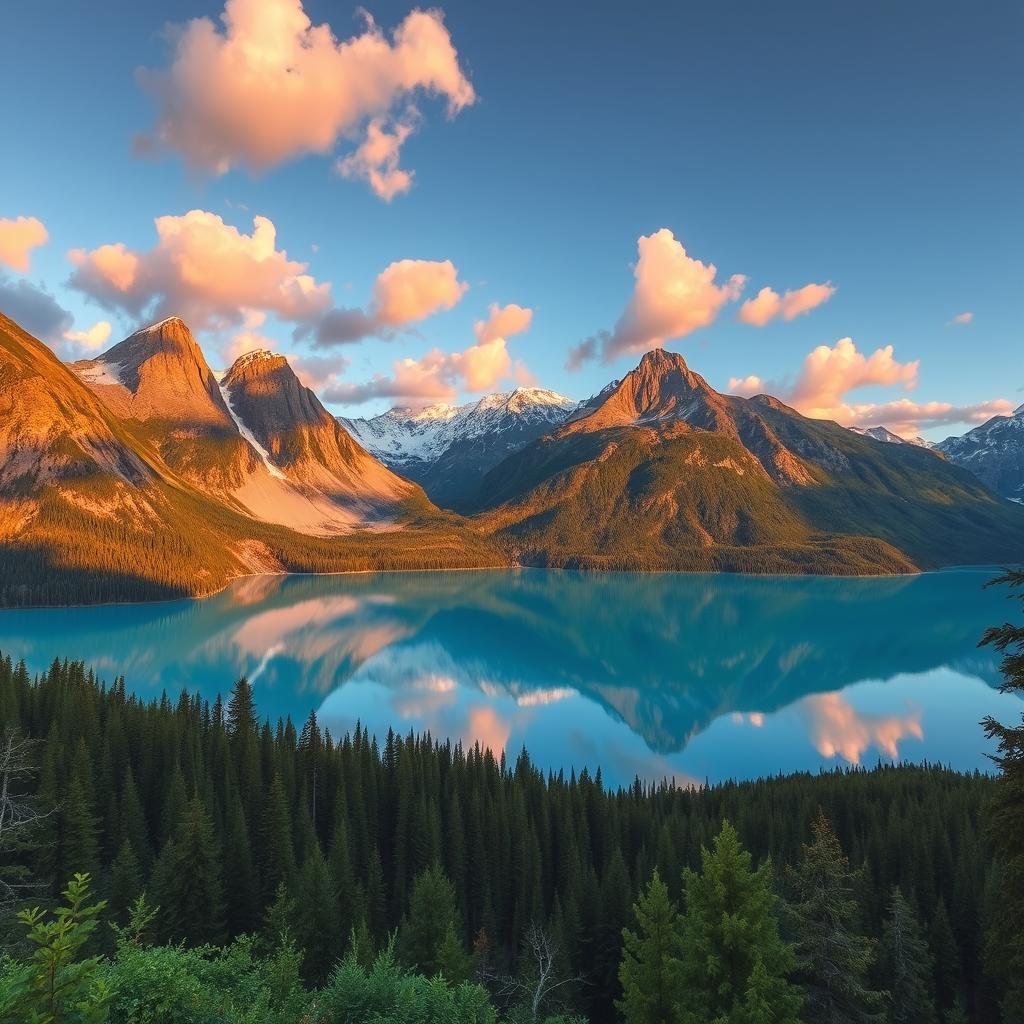 A clear, high-resolution photograph of a breathtaking landscape featuring towering mountains in the background, lush green forests in the foreground, and a serene blue lake reflecting the sky