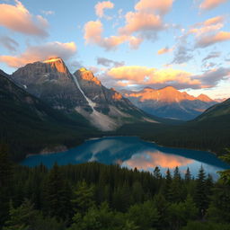 A clear, high-resolution photograph of a breathtaking landscape featuring towering mountains in the background, lush green forests in the foreground, and a serene blue lake reflecting the sky