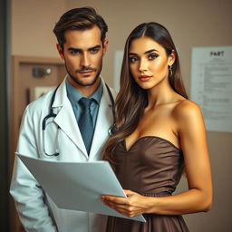 A very beautiful young woman, showcasing her natural beauty, stands confidently beside a doctor in a professional setting