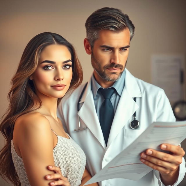 A very beautiful young woman, showcasing her natural beauty, stands confidently beside a doctor in a professional setting