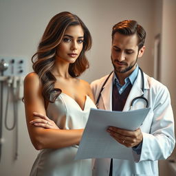 A very beautiful young woman, showcasing her natural beauty, stands confidently beside a doctor in a professional setting