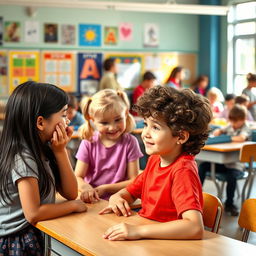 A school classroom scene with a diverse group of children