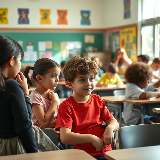 A school classroom scene with a diverse group of children