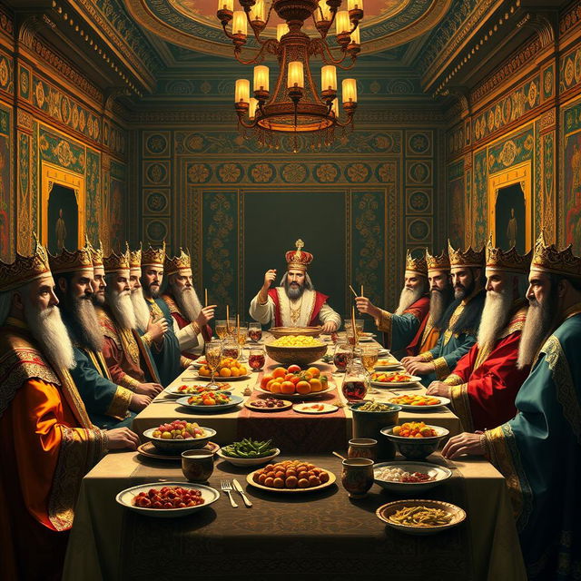 A grand and evocative scene depicting all the kings of Iran gathered at a lavish Last Supper-style banquet