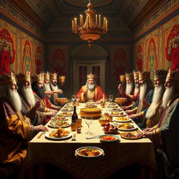 A grand and evocative scene depicting all the kings of Iran gathered at a lavish Last Supper-style banquet