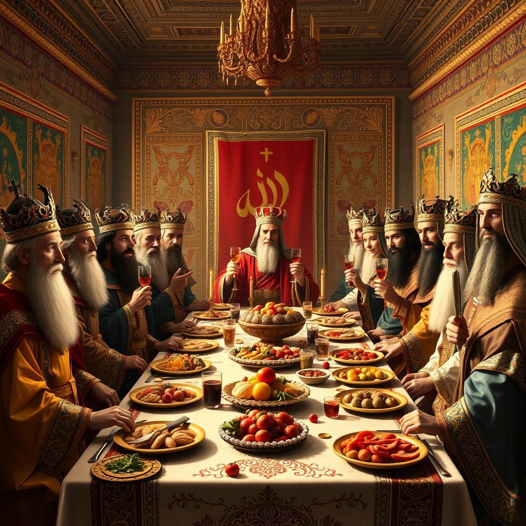 A grand and evocative scene depicting all the kings of Iran gathered at a lavish Last Supper-style banquet