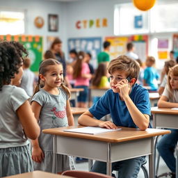 A school classroom scene featuring several children engaged in various activities