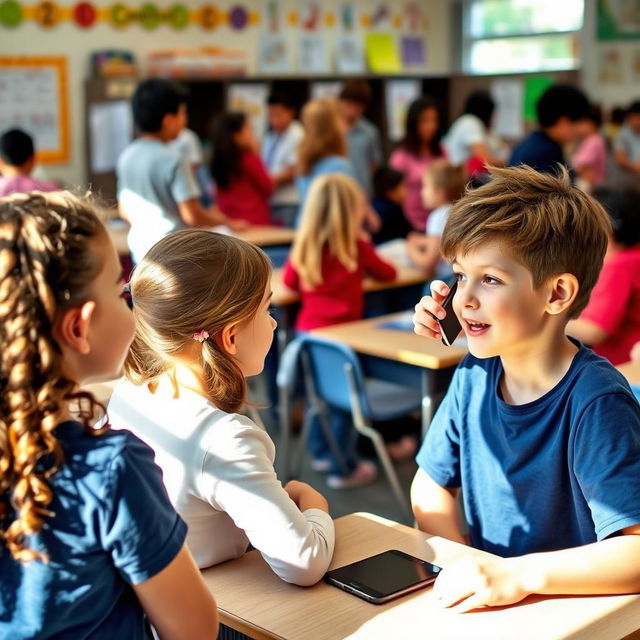 A school classroom scene featuring several children engaged in various activities