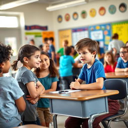 A school classroom scene featuring several children engaged in various activities