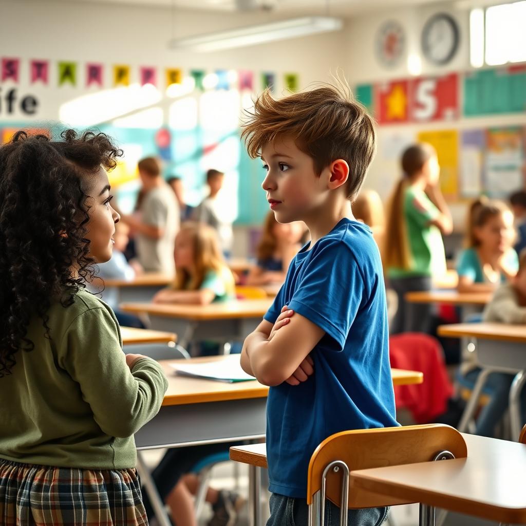 A school classroom scene featuring several children engaged in various activities