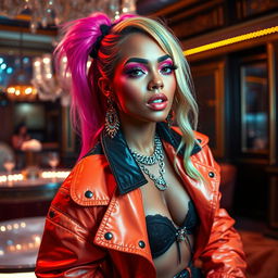 A striking portrait of a glamorous female rapper with colorful hair, vibrant makeup, and an exaggerated fashion sense