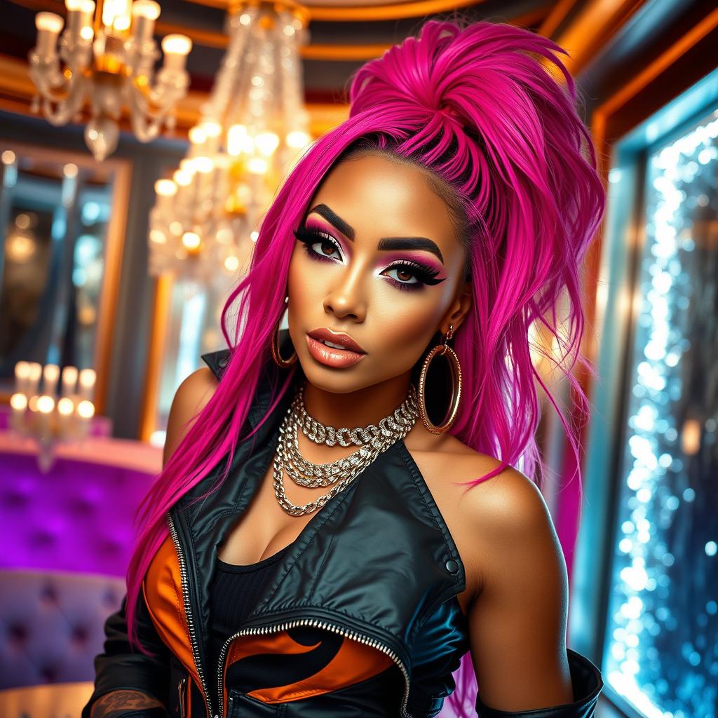 A striking portrait of a glamorous female rapper with colorful hair, vibrant makeup, and an exaggerated fashion sense