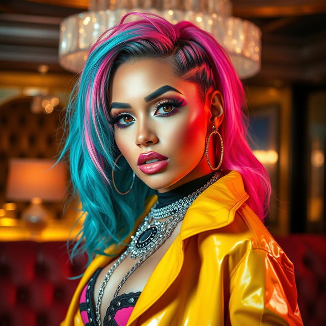 A striking portrait of a glamorous female rapper with colorful hair, vibrant makeup, and an exaggerated fashion sense