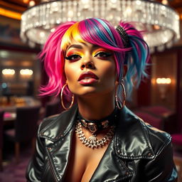 A striking portrait of a glamorous female rapper with colorful hair, vibrant makeup, and an exaggerated fashion sense