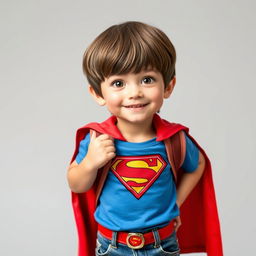 A 9-year-old energetic and curious boy with short brown hair and bangs, wearing a blue t-shirt featuring a shield design, complemented by a bright red cape that evokes a superhero vibe